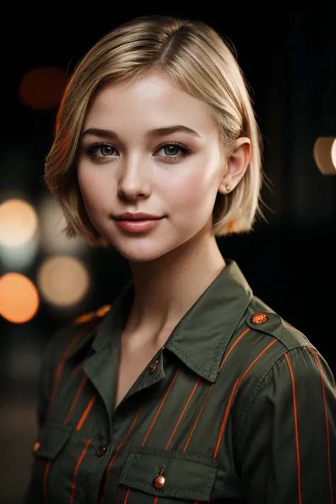 photo of (is4belm4y-135:0.99), a beautiful woman, perfect short blonde hair, (smiling, waist), (modern photo, Military Green striped shirt), 24mm, (analog, cinematic, film grain:1.3), ((Light Orange background:1.2)), detailed eyes, (seductive pose), (epicP...