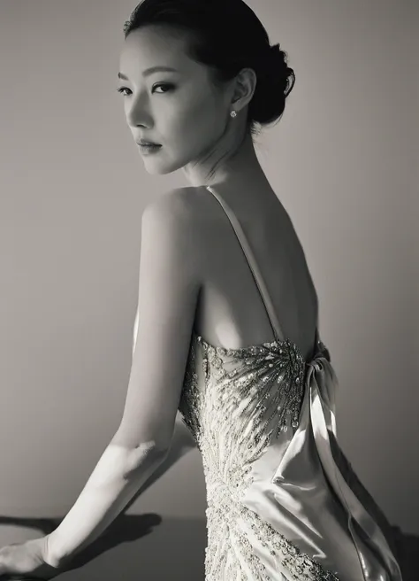 a woman in an elegant evening gown,facial close-up,captured in a moment of quiet reflection. realistic details emphasize the sop...