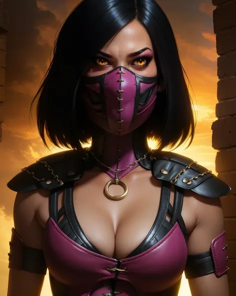 Mileena,black hair,yellow eyes,medium hair, slit pupils, 
mouth mask,pink top,cleavage,stitched,leather armor,chain,tight black pants,o-ring,
standing,upper body,
serious,looking at viewer,
cloudy,dungeon,
(insanely detailed, beautiful detailed face, maste...