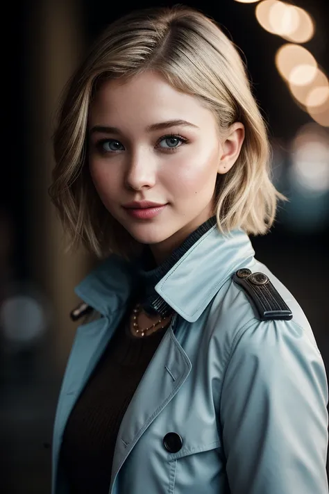 photo of (is4belm4y-135:0.99), a beautiful woman, perfect short blonde hair, (smiling), (modern photo, Powder Blue trench coat), 24mm, (analog, cinematic, film grain:1.3), ((plain Medium Brown background, gradient:1.2)), detailed eyes, (seductive pose), (e...