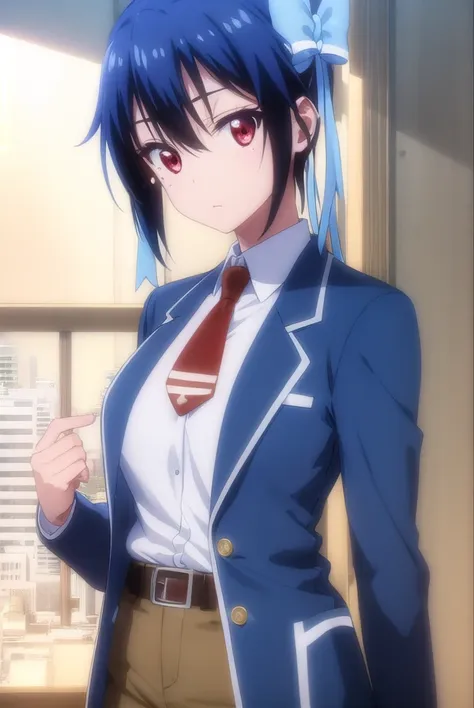 seishiroutsugumi, <lora:seishirou tsugumi s2-lora-nochekaiser:1>,
seishirou tsugumi, short hair, (red eyes:1.3), bow, blue hair, hair bow, mole, mole under eye, blue bow,
BREAK blazer, shirt, long sleeves, white shirt, necktie, collared shirt, belt, pants,...