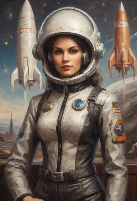 oil painting portrait female space ship captain baroque-style uniform retro-futurism sleek leather and chrome haughty and beautiful background launching pad for a shiny ornate fantastic rocket ship