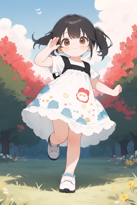 (best quality,masterpiece:1.3),((cute 1 girl:1.2)),(child,8 years old:1.4), low twintails, hair, solo, outdoors, cloud, black hair, dress, white footwear,red sky, shoes, short sleeves, sneakers, looking at viewer, brown eyes, white dress, full body, (dynam...