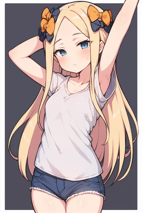 masterpiece, best quality,  <lora:AbigailWilliams:1>,1girl, abigail williams (fate), solo, long hair, blonde hair, blue eyes, shirt, bow, black bow, orange bow, looking at viewer, blush, bangs, hair bow, short sleeves, parted bangs, forehead, armpits, coll...