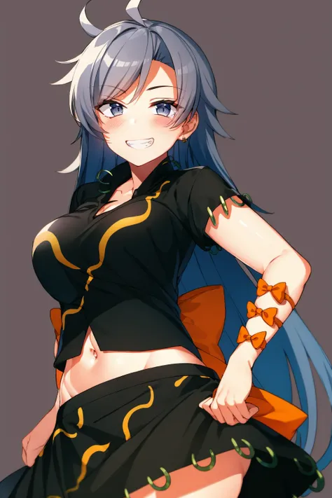 masterpiece, best quality, large breasts, 
<lora:himemushimomoyo:1>,
1girl, long hair, shirt, skirt, grey eyes, black shirt, solo, grey hair, short sleeves, ribbon, black skirt, midriff, looking at viewer, bow, orange bow, smile, midriff peek, ahoge, navel...