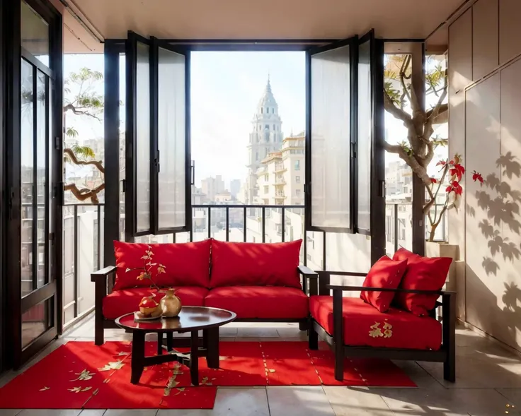 masterpiece,  best quality,  absurdres,  extremely detailed,  illustration,  perfect lighting, 
Modern outdoor balcony design,  whole row of floor-to-ceiling windows,  on the windows,  there is a (small red diamond-shaped paper:1.15) (with the character æ...