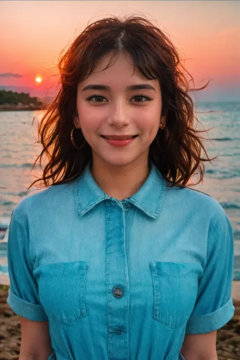 analog film photo solo, realistic, ((woman)), (((black hair))), (((smile512))), big smile, silver drop earrings, (((Denim shirt dress))), ((Photograph the enchanting beauty of Oryukdo Sunrise Park, with its panoramic views of the sunrise, tranquil coastal ...