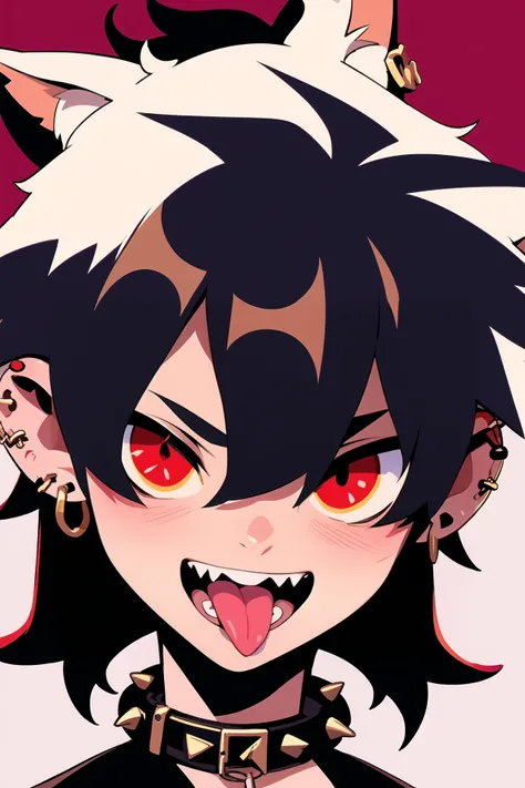 i want the whole image to be created in 3D anime style, solo, looking at viewer, smile, short hair, open mouth, bangs, simple background, shirt, black hair, red eyes, 1boy, white background, animal ears, hair between eyes, jewelry, male focus, earrings, te...