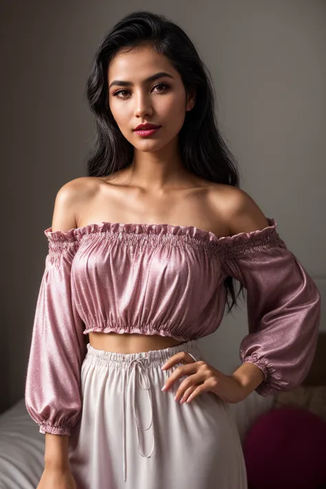 photo of (EPM4cWh4l3:0.99), closeup portrait, perfect hair, (modern photo, Cropped balloon sleeve blouse with a square neckline and smocked bodice), 24mm, (analog, cinematic, film grain:1.3), (([bar/lounge area, pillows,mattress,pots and pans,television,sm...