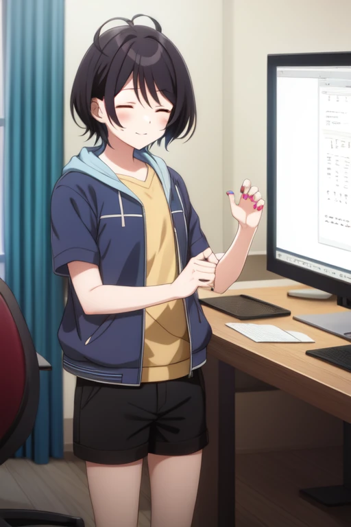 saegusayuu, curtains, shorts, jacket, standing, short sleeves, closed eyes, monitor, nail polish