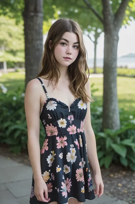 art protography, tvCharlotte_Best_v1, ,(((wearing a floral print sundress))), standing, full body shot, eyeliner, beach, flirting with the camera, walking toward the camera,, epiCRealism, epiCPhoto, ,