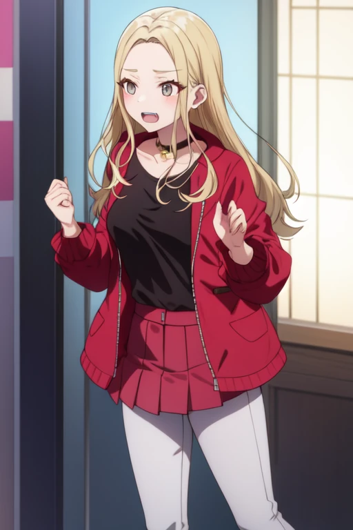 satouseshiru, teeth, skirt, medium breasts, open clothes, black shirt, standing, red jacket, choker, clothing cutout, white pants