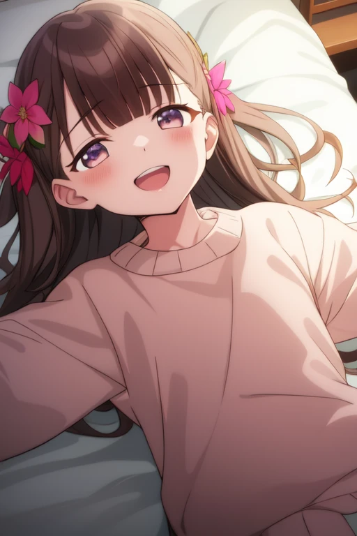 tokinoyamio, twintails, :d, lying, portrait, bed, sweater, teeth, under covers, hair flower