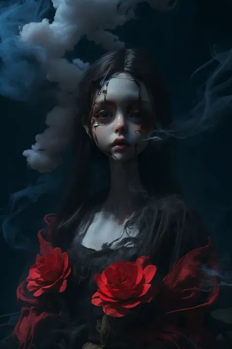 1doll,upper body,dark theme,horror,night,in the street,smoke,red hanfu,child,<lora:éº»è¢2024-014:0.6>,simple background,<lora:çº¢èçé¾å®æç:0.6>,facial cracks,<lora:LowRA_v1.0:0.5>,black hair,red_flowers,holding a doll in his hand,, masterpiece,be...