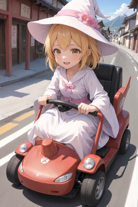 anime, cute girl driving gocart, high speed, motion blur, wizard hat, robe, happy, bloom, ambient occlusion