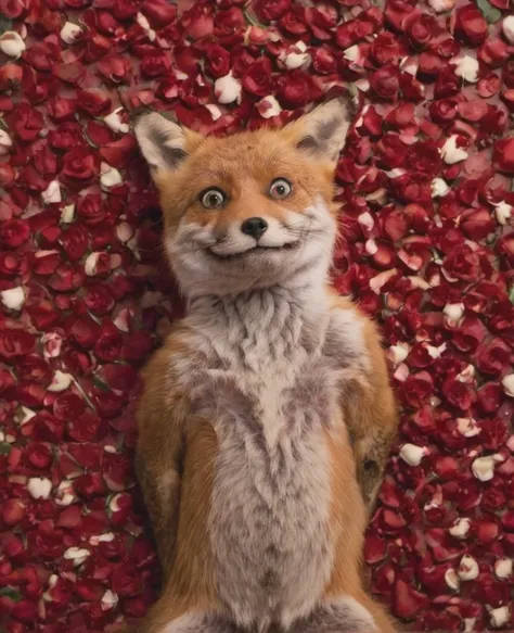 american beauty movie poster reenact by a fox, failing rose pedals, seductive, cinematic, perfect composition, looking sideways, low budget version,  <lora:- SDXL - stnerfx _Stoned_Fox_Style_V4.0:0.7>