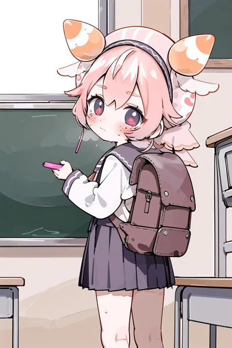 ushimi_ichigo, 1girl, solo, school uniform, chalkboard, chalk, holding chalk, looking back, looking at viewer, from behind, sweat, blush, indoors, one side up, classroom, back, standing, 
<lora:ushimi_ichigo:1.0>,