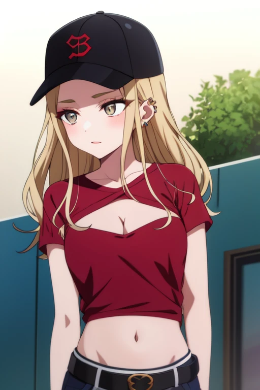 satouseshiru, midriff, ear piercing, cleavage, short sleeves, eyelashes, belt, red shirt, makeup, navel, baseball cap