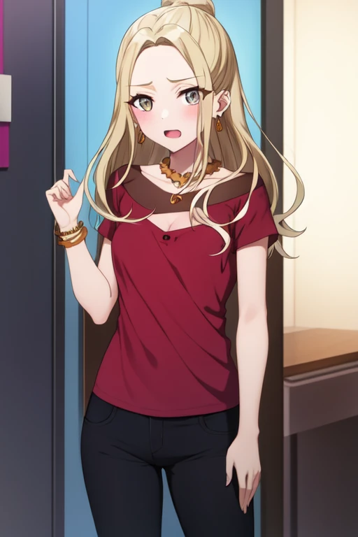 satouseshiru, 1girl, solo, jewelry, earrings, shirt, blush, looking at viewer, open mouth, pants, necklace