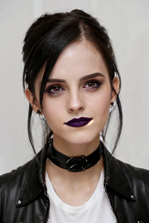 3mm4w, face closeup, goth, black lipstick, choker, leather jacket, white shirt