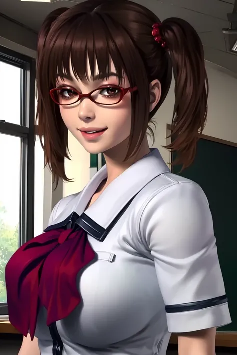 anime girl with glasses and a tie in a classroom