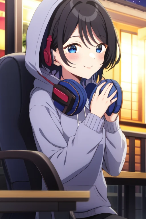 saegusayuu, white shirt, chair, outdoors, night, headphones around neck, hood up, sweater, blush, smile