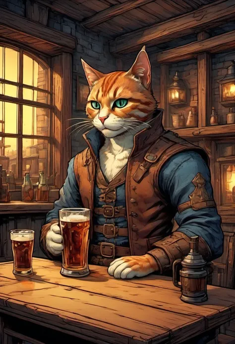 fantasy anthropomorphic cat warrior in dark tavern holding a pint of ale in a cozy environment with gas lamps rustic wood warm brick fireplace and frosted glass windows