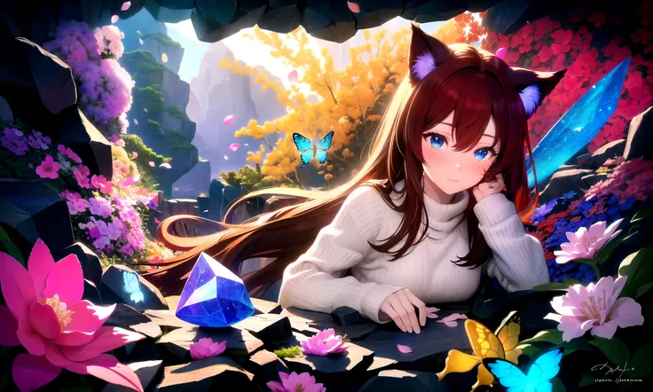 masterpiece, best quality, highres, booru, 1girl, solo, abstract,
BREAK
depth of field, rim lighting, flowers, petals,
crystals, cave, butterfly, vegetation, aura, magic,
BREAK
raifu, dark red hair, blue eyes, straight hair, cat ears, blush,
(medium breast...