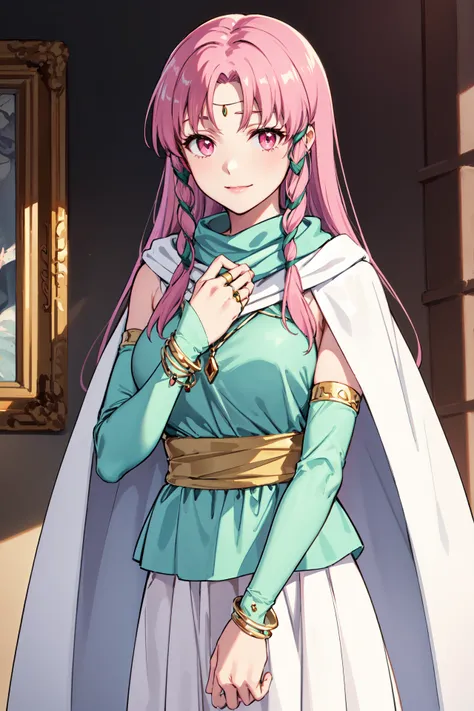 upper body,light smile,hand on chest,<lora:linoanV1:0.9>,linoan, pink eyes,cape, dress,white long skirt,green shirt, jewelry,elbow gloves, bracelet, white boots,, fingerless gloves, bridal gauntlets, detached sleeves, white cape, looking at viewer,indoors,...