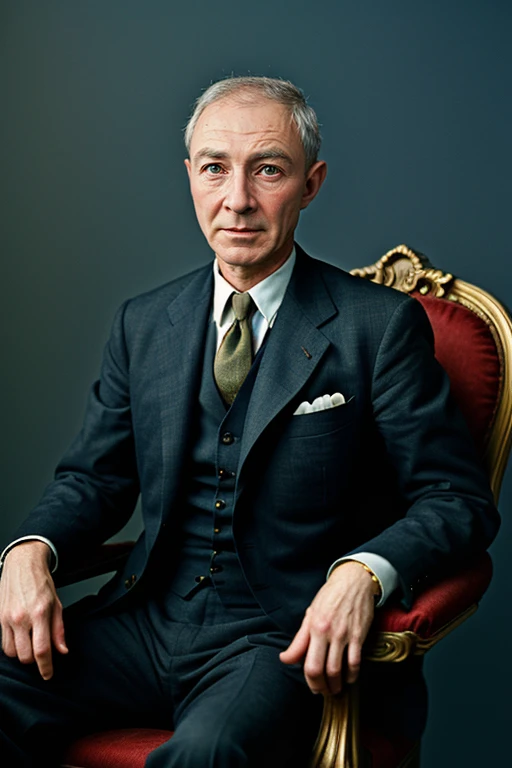 JRobertOppenheimer, photography by (David LaChappelle:1.3), seated on throne, King of France, modelshoot, pose, (closeup on upper body:1.3), Flemish masters, luxurious fabrics, silk, Versailles, French aristocracy, palace interior, 1782, large oil painting...