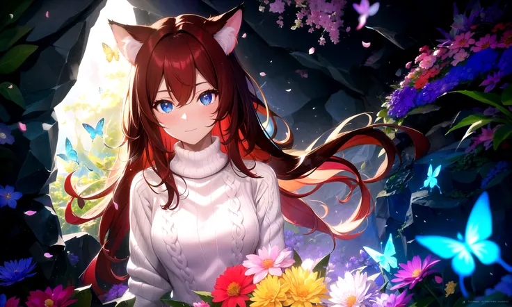 masterpiece, best quality, highres, booru, 1girl, solo, abstract,
BREAK
depth of field, rim lighting, flowers, petals,
crystals, cave, butterfly, vegetation, aura, magic,
BREAK
raifu, dark red hair, blue eyes, straight hair, cat ears, blush,
(medium breast...