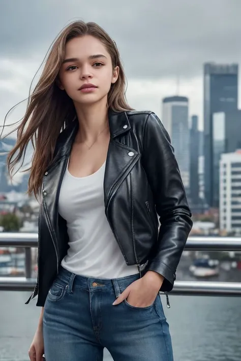 photo of S288_VictoriaVillezcas,a stunning woman,in a (city:1.1),wearing a (leather-jacket:1.1) and (jeans),(cityscape),(4k, RAW photo, best quality, depth of field, ultra high res:1.1),(absurdres, intricate, photorealistic, masterpiece, ultra-detailed:1.1...