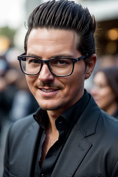 ga_zakbag, male, black hair, thick rimmed glasses, muscular, wearing a tuxedo, 
looking at viewer, from front, smile, (red carpet, premiere,:1.1) celebrity photo, hollywood, 
photorealistic, high quality photography, canon eos 5d mark ii, 8k, photo by Anni...