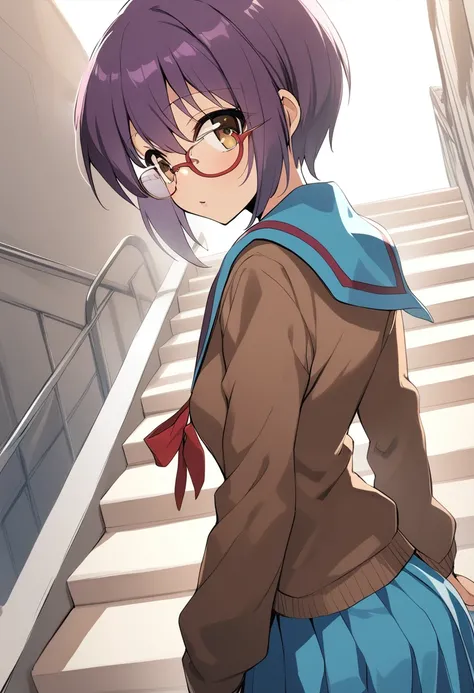 1girl, nagato yuki, suzumiya haruhi no shoushitsu, suzumiya haruhi no yuuutsu, arms behind back, blue sailor collar, blue skirt, brown cardigan, brown eyes, cardigan, from behind, glasses, kita high school uniform, long sleeves, looking at viewer, looking ...