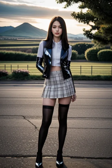 realistic, masterpiece, high detailed skin, looking at viewer, full body shot, scenic view, long hair, black hair
<lora:Latex_Skirt_Jacket_Vest_By_Stable_Yogi:1> latex pattern thighhighs, skirt and jacket, vest