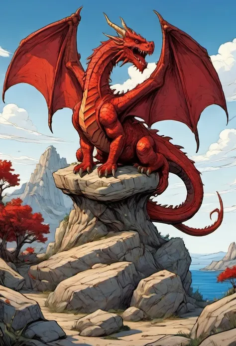 red dragon perched on a rocky cliffside with a tree under a  blue sky with clouds 