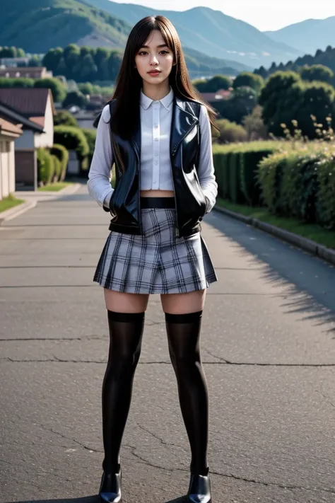 realistic, masterpiece, high detailed skin, looking at viewer, full body shot, scenic view, long hair, black hair
<lora:Latex_Skirt_Jacket_Vest_By_Stable_Yogi:1> latex pattern thighhighs, skirt and jacket, vest