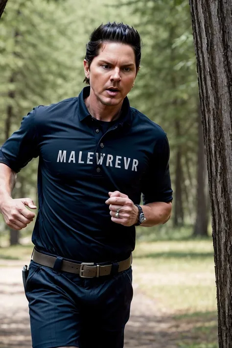 a photo of ga_zakbag, running, chased by a ghost,
male, muscular, fit, sunglasses, black shirt, 
outside, castle, woods, trees, shrubbery,