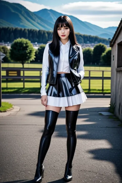 realistic, masterpiece, high detailed skin, looking at viewer, full body shot, scenic view, long hair, black hair
<lora:Latex_Skirt_Jacket_Vest_By_Stable_Yogi:1> latex pattern thighhighs, skirt and jacket, vest