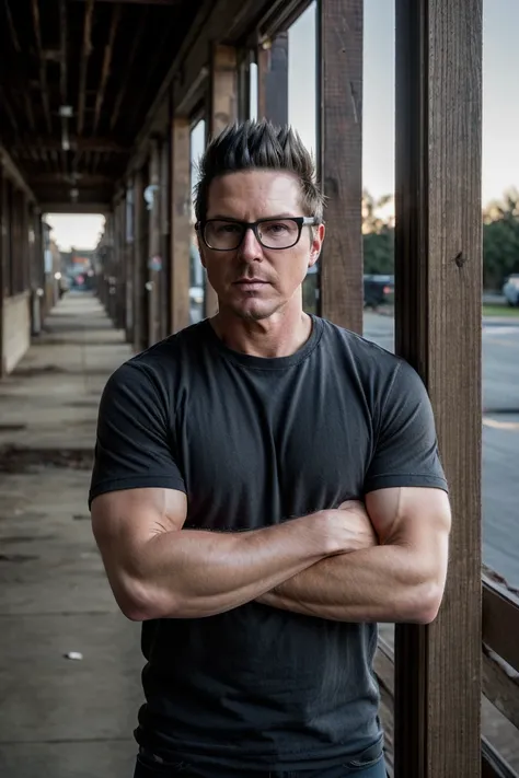 ga_zakbag, male, black hair, thick rimmed glasses, muscular, arms crossed, 
looking at viewer, from front, serious expression,
(dusk, abandoned building, eerie, darkness:1.1), 
professional photograph taken with a Canon EF 85mm F/1.8 USM