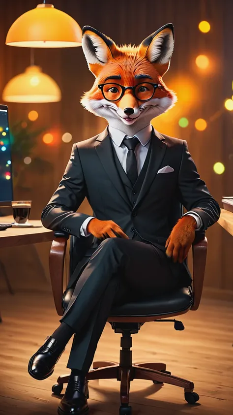 Raw photo of a mr.Fox, sits, black suit and shoes, black glasses, sits on office chair, wooden table, smile, in office, at a new Year party, neon, realistic, cinematic lighting, soft shadows, sharp focus, fractal, colorful, depth of field, best quality, 16...