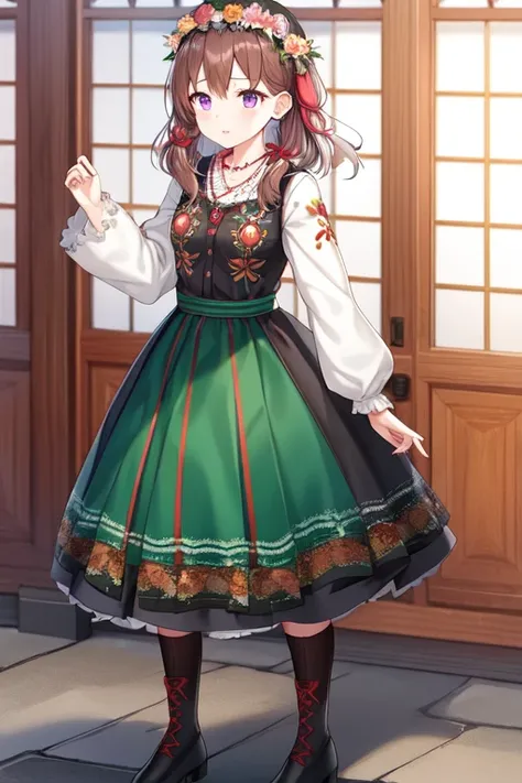 polish dress, puffy long sleeves, head scarf, hair ribbon, cross-laced footwear, purple eyes, standing, necklace, brown hair, head wreath, closed mouth, black footwear