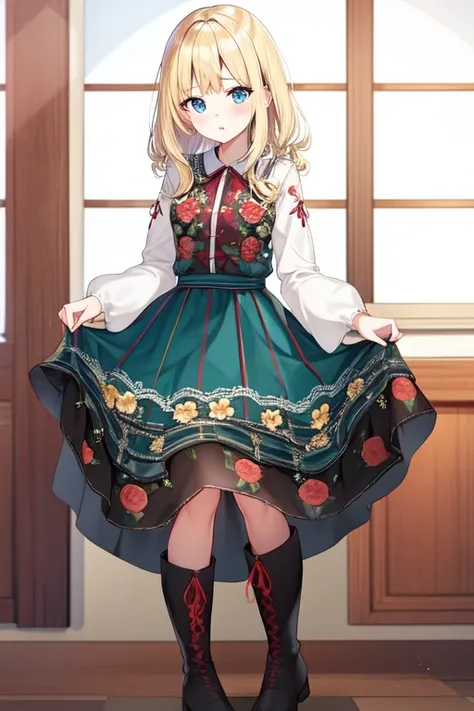 polish dress, puffy long sleeves, blonde hair, skirt, blue eyes, floral print, boots, skirt hold, full body, white shirt, ribbon, blush