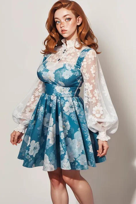 Blue Floral with Long Puffy Sleeves