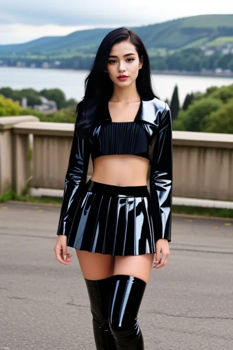 realistic, masterpiece, high detailed skin, looking at viewer, full body shot, scenic view, long hair, black hair
<lora:Latex_ Jacket_Skirt_By_Stable_Yogi:0.8> latex jacket, long sleeves, midriff, pleated miniskirt, thighhighs, boots