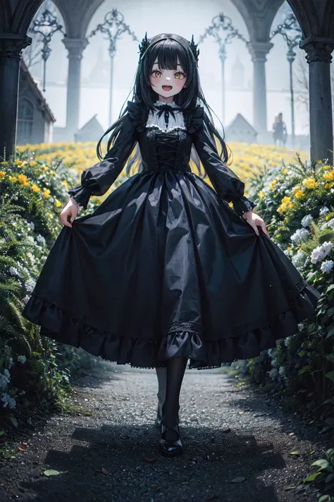 (1girl, full body:1.2),smile,open mouth,black hair,yellow eyes,
an extremely delicate and beautiful,absurdres, highres,  (ultra detailed:1.0),
(, gothic,gothic dress:1.3), flower field, curtained hair, very long hair