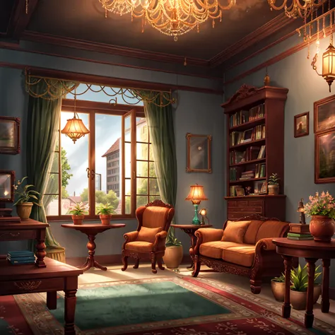 couch, no humans, indoors, television, scenery, lamp, book, table, window, carpet, plant, chair, chandelier, flower, vase, door, rug, ceiling light, painting (object), picture frame, shelf, potted plant, stairs, bed, cabinet <lora:Artist-Sakimichan:0.7>