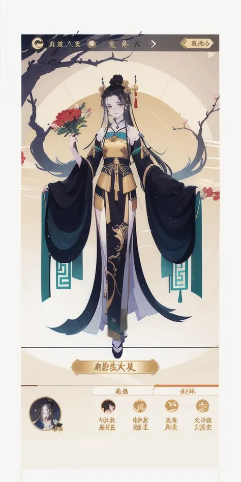 Game interface,Chinese style,buttons,return,tabs,logo,1Girl,Chinese clothing,solo,black hair,hair accessories,long hair,dress,wide sleeves,half body,flowers,gilded,gold-plated pattern,full screen,high-definition,exquisite,
<lora:huanqing_å½é£è§è²çé¢...