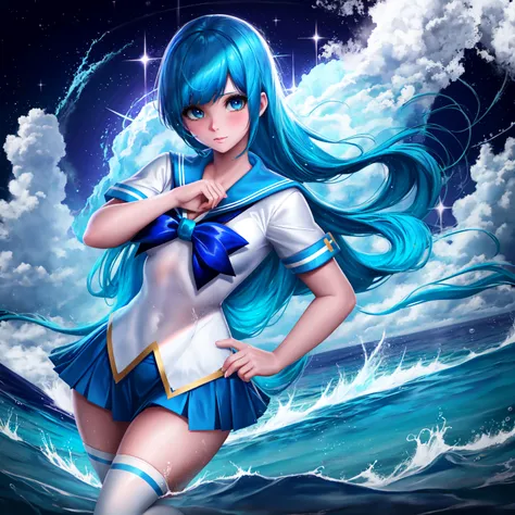 1 blue haired girl wearing a blue skirt, sailor uniform and white stockings, standing on the surface of the sea with her hands behind her back, dynamic angle <lora:Artist-Sakimichan:0.7>