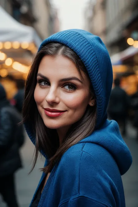 photo of (lw0nt0rra-134:0.99), a beautiful woman, perfect hair upsweep updo, (smiling look), (modern photo, Electric Blue Hooded knit cardigan with toggle closures), 24mm, (analog, cinematic, film grain:1.3), (A vibrant, bustling marketplace filled with co...